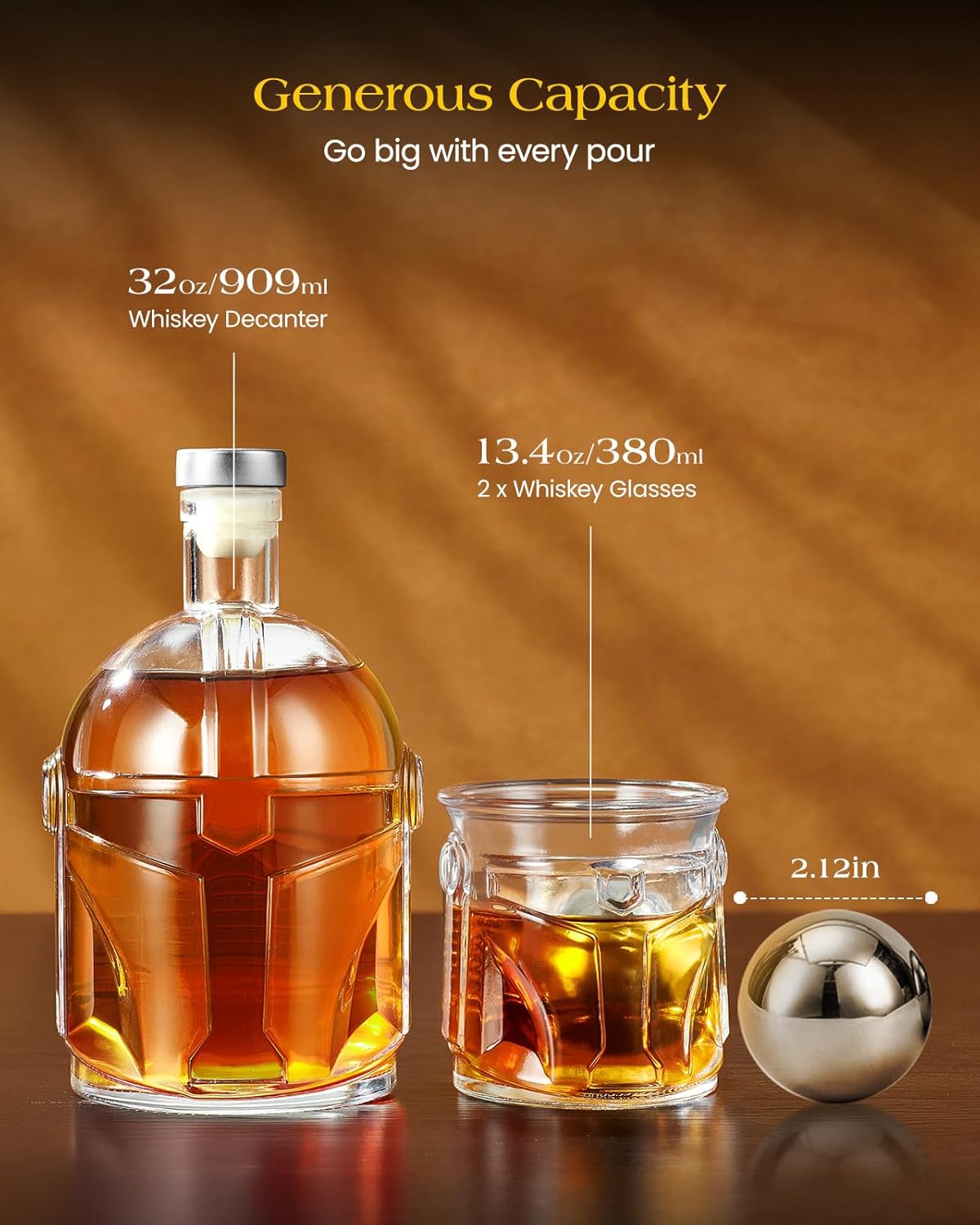 Whiskey Decanter Set with 2 Glasses & 2 Whiskey Stones, Unique Helmet Decanter Set for Vodka Bourbon, Gifts for Christmas, Men Dad Husband Brother Boyfriend, Cool Drinking Accessories for Home Bar