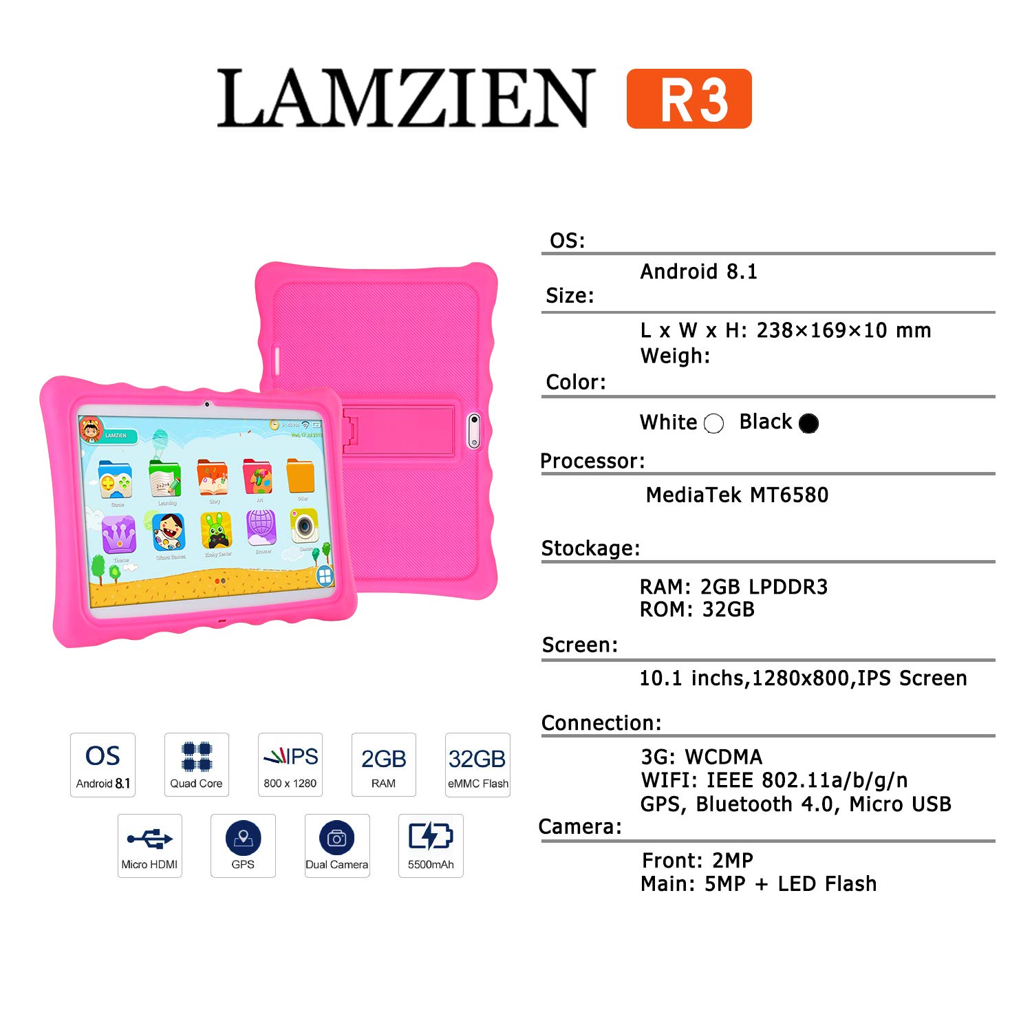 Tableta 10 Pulgadas,LAMZIEN Android 8.1 Tablet Infantil,2GB RAM y 32GB ROM,Quad-Core 1.8Ghz,3G Dual-Sim,WiFi, Bluetooth,Cámara Dual,Google Play,Juegos Educativos,Rojo