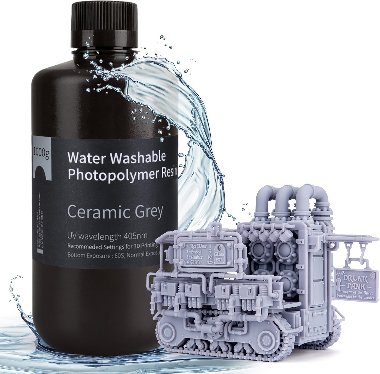 ELEGOO Water Washable 3D Printer Resin LCD UV-Curing Resin 405nm Standard Photopolymer Resin for Mars Saturn Jupiter MSLA DLP LCD 3D Printing 1000Gram Ceramic Grey