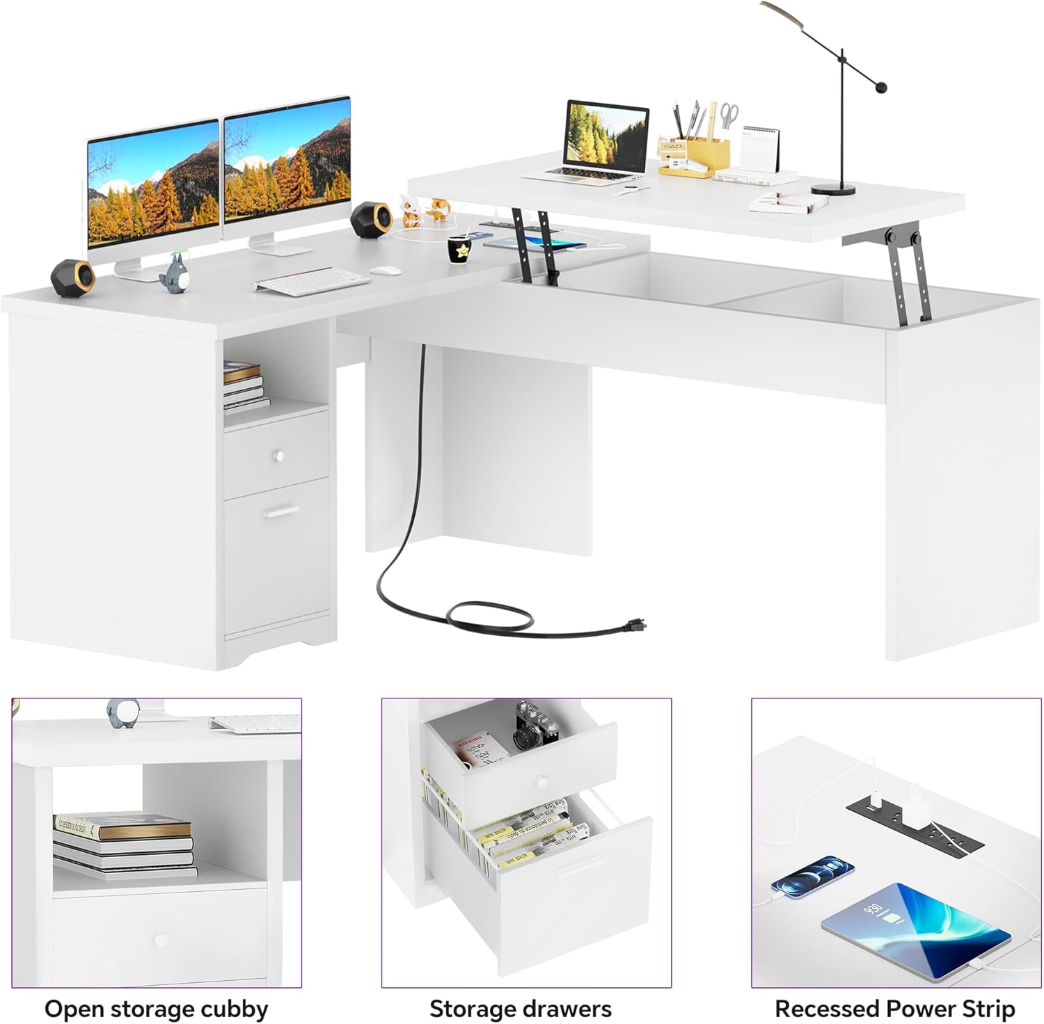 Foxemart L Shaped Standing Desk with Drawers, 56" x 56" Wood Corner Office Desk with Lift Top, Power Outlets, Height Adjustable with Storage, White