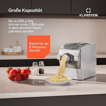 Klarstein Pastamania Electric Pasta Machine - 260W Fully Automatic Pasta Machine with 7 Attachments 500g Capacity Quiet (60dB) LED Display White