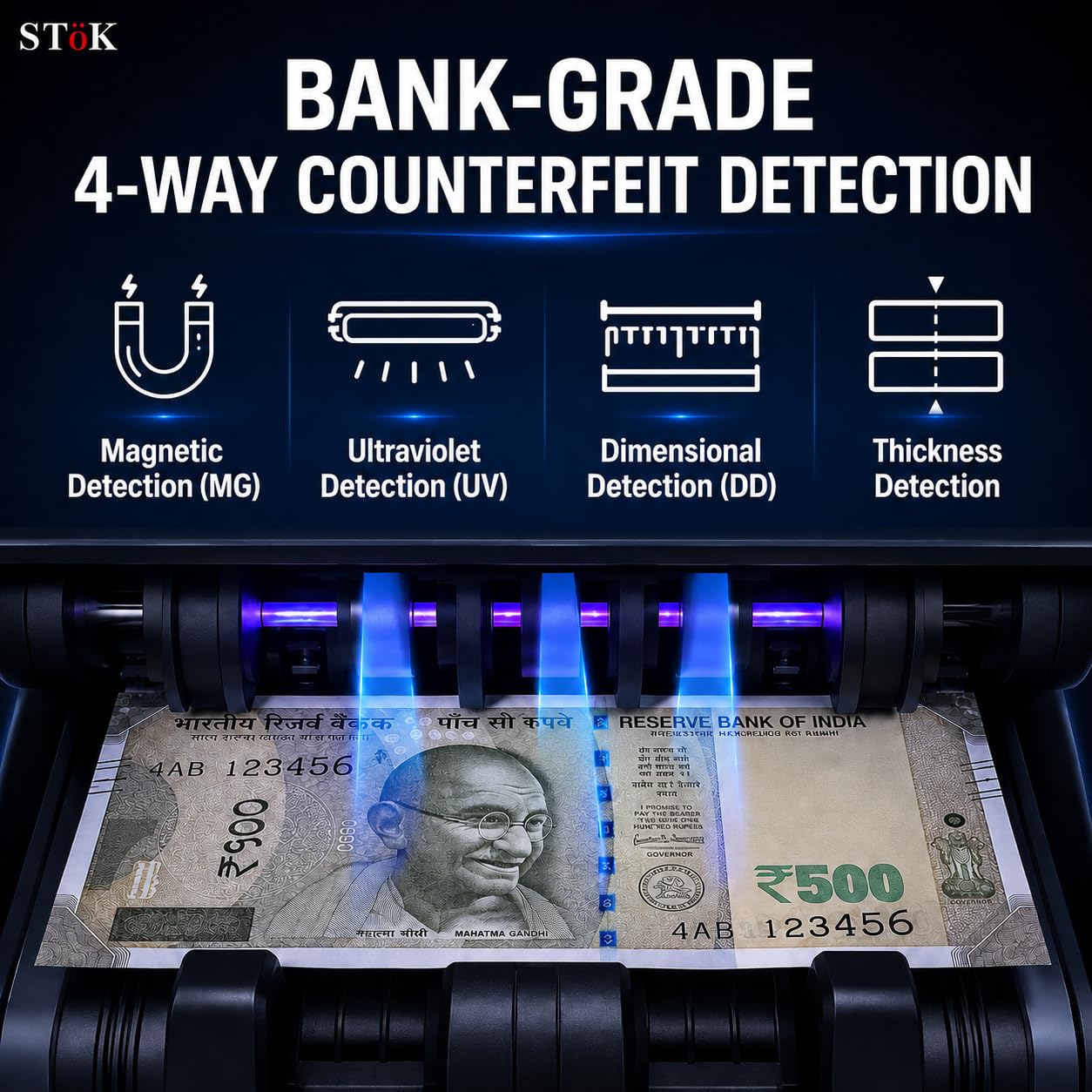 STöK MC01 Heavy-Duty, Double Motor Note Counting Machine, Counts INR, EUR, Pound, USD, UV/MG Counterfeit Notes Detection for INR with External Display (1 Year Warranty) — Amazon image 2