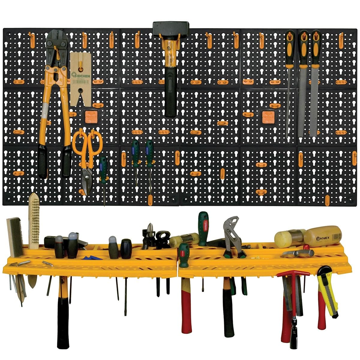 INTEC - Pannello porta attrezzi 50 x 100 x 1,7 cm Kit modulabile 2 pannelli perforati 1 mensola porta attrezzi + 50 ganci assortiti