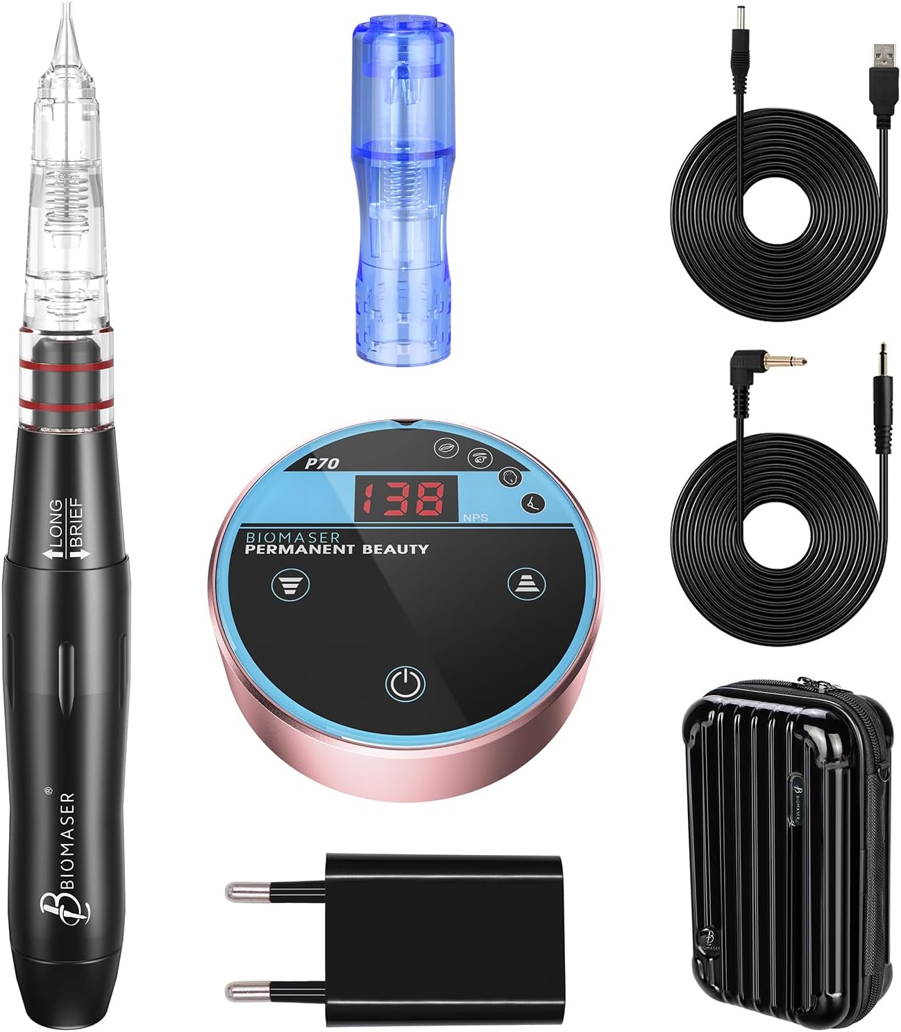 P70 Permanent Makeup Machine kit-BIOMASER Permanent Makeup Microblading Tattoo Machines with Swiss Motor Rotary Pen Mini Power Supply Cartridge needles for Eyebrow Eyeliner Lip