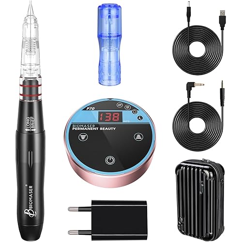 P70 Permanent Makeup Machine kit-BIOMASER Permanent Makeup Microblading Tattoo Machines with Swiss Motor Rotary Pen Mini Power Supply Cartridge needles for Eyebrow Eyeliner Lip