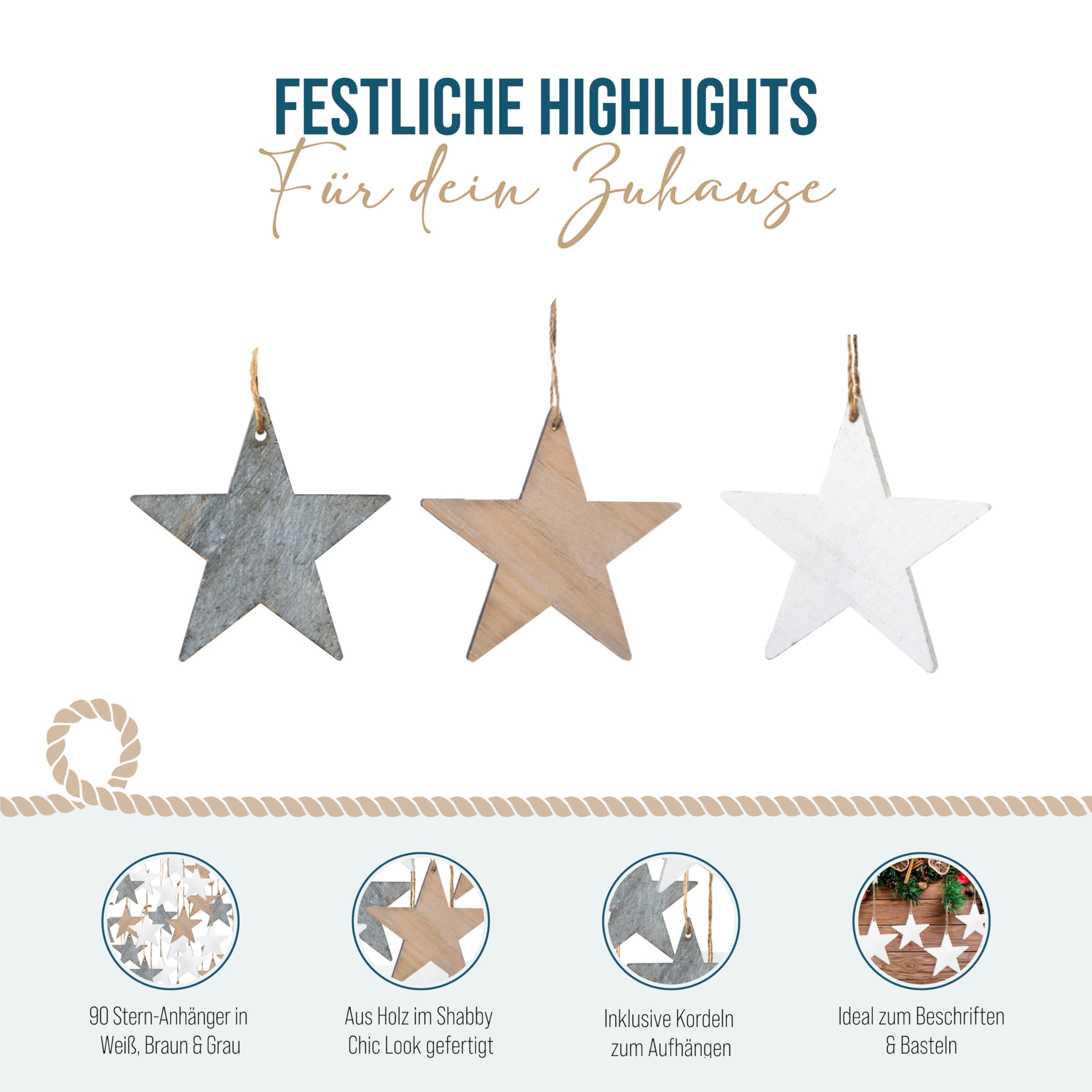 Holzanhänger Sterne, 90 Stück: Weihnachtsanhänger Holz, Geschenkanhänger Stern Weihnachten, Anhänger Geschenke & Zweige, Baumschmuck, Weihnachtliche Deko, Zum Beschriften, Weihnachtsdeko Klein, 7 cm