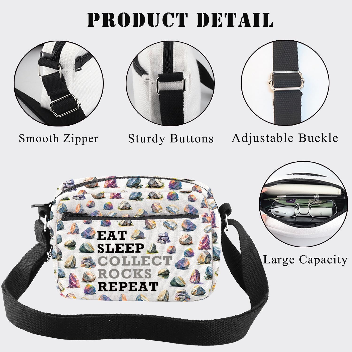BDPWSS Geology Lover Gift Rock Collector Gift Eat Sleep Collect Rocks Repeat Crossbody Bag Rock Hound Gifts Geologist Gifts