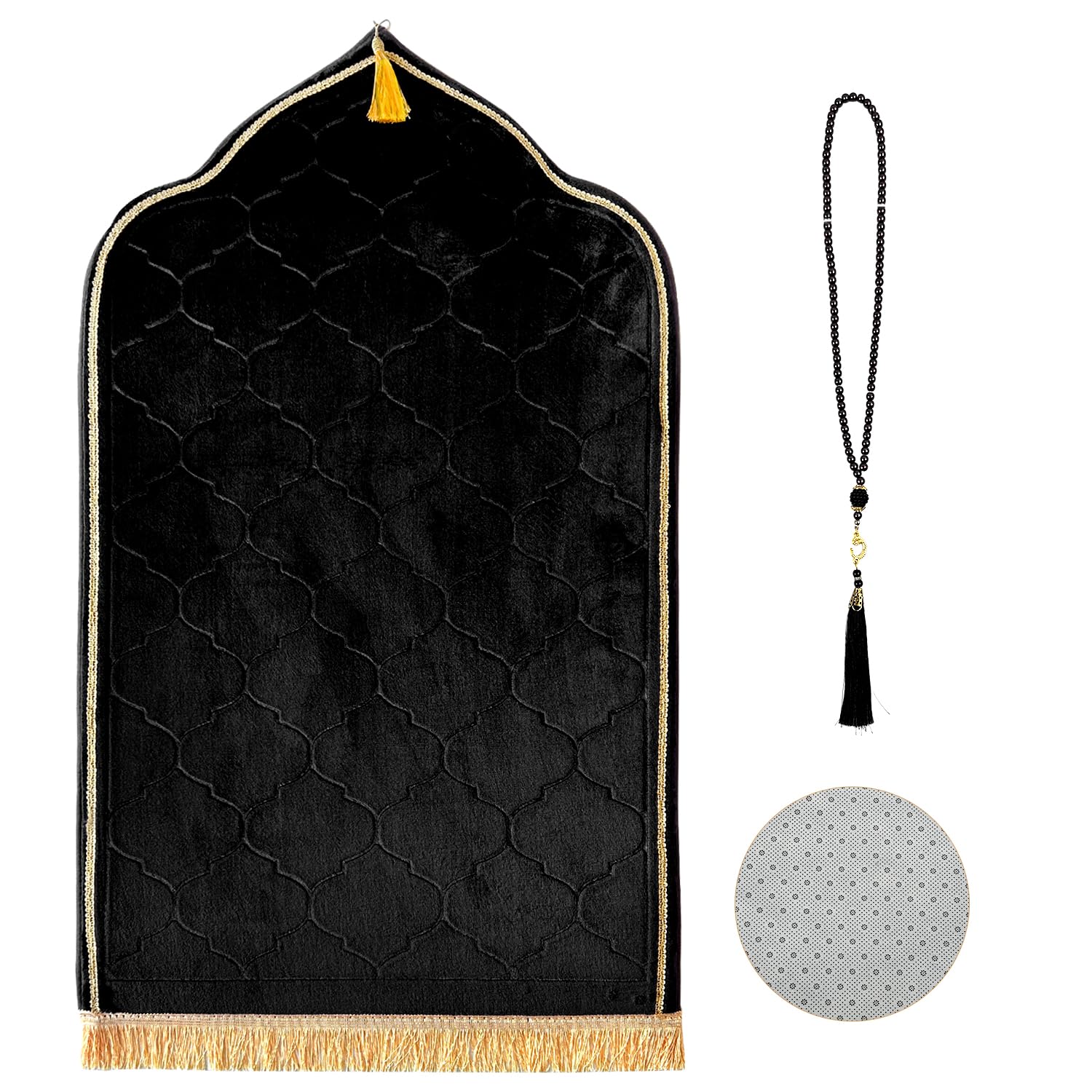 Muslim Prayer Mat,Soft Flannel Prayer Area Rug with Prayer Beads,Islamic Prayer Mat for Daily Salah and Meditation,Turkish Praying Carpet with Non-Slip Dots, Ramadan Gifts for Men Women (black)