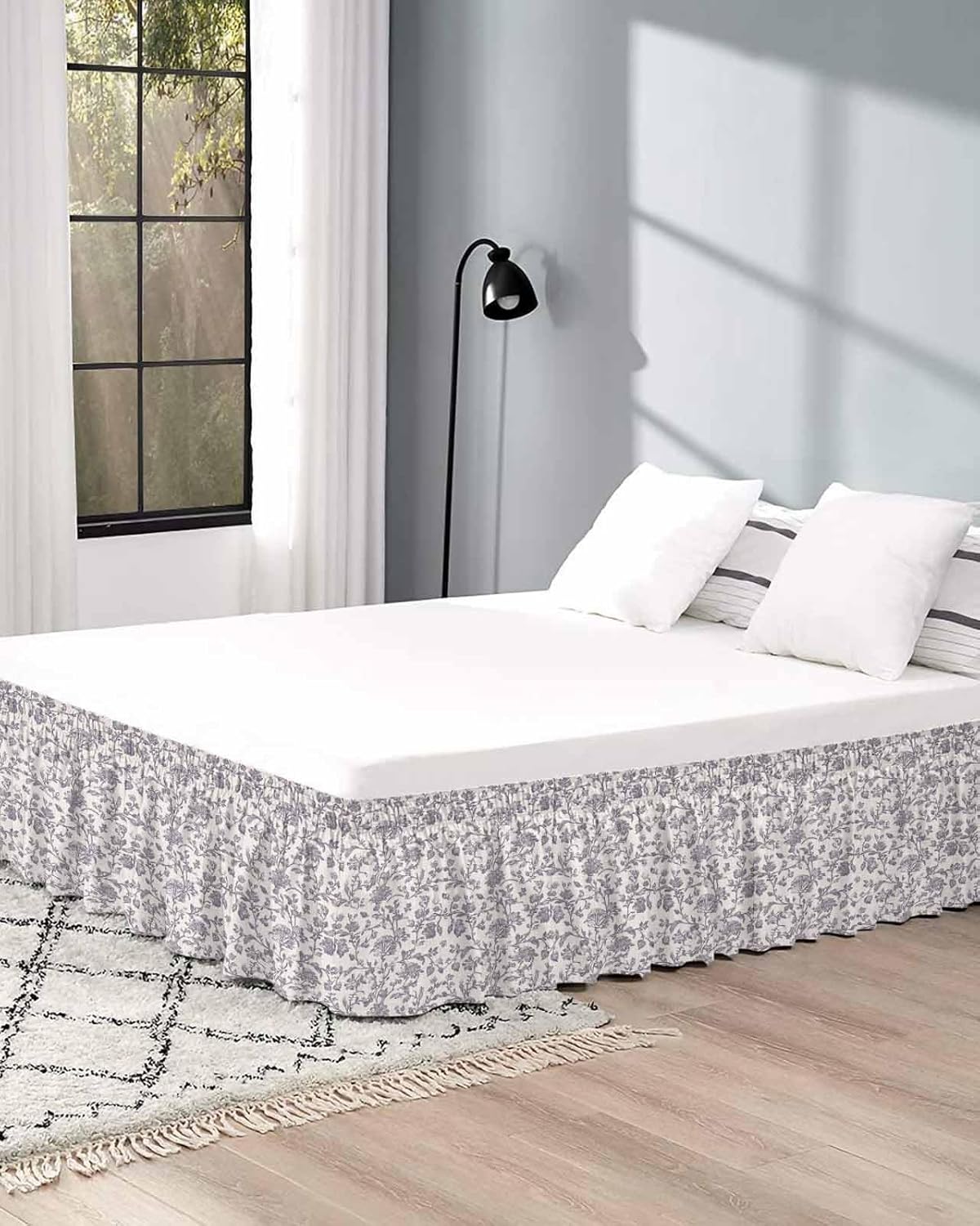 Purple Floral Leaf Bed Skirt Cal King Size 16 Inch Drop,Retro Farmhouse Plant Tree Branch Adjustable & Elastic Wrap Around Bed Skirts Pleated Luxury Dust Ruffles for Twin Full Queen Cal King Base Bed