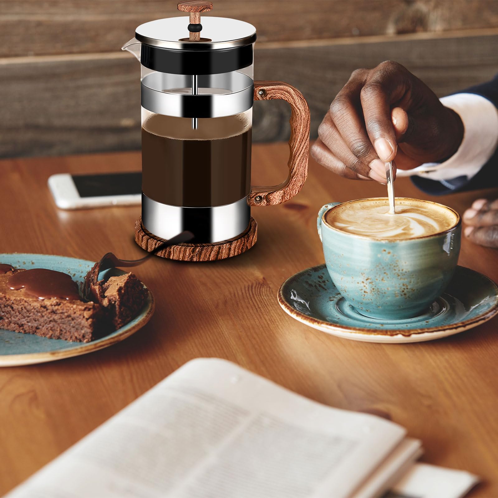 Cafetière à Piston, 1000ML Français Presse Café en Verre, Cafetière à Presse Française, Verre Résistant à La Chaleur Avec Boîtier en Acier Inoxydable et Filtrants Faciles à Nettoyer