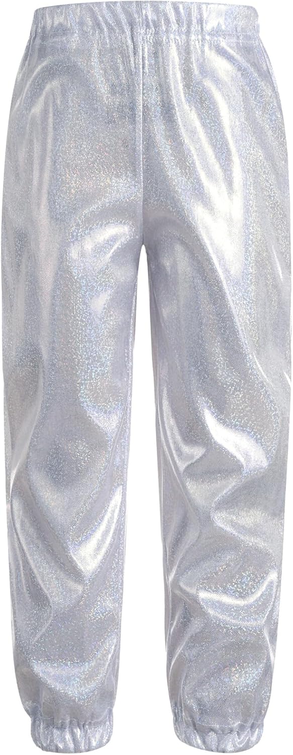 Jugaoge Kids Girls Boys Metallic Hip Hop Street Dance Pants Performance Costume Sparkle Jogger Sweatpants