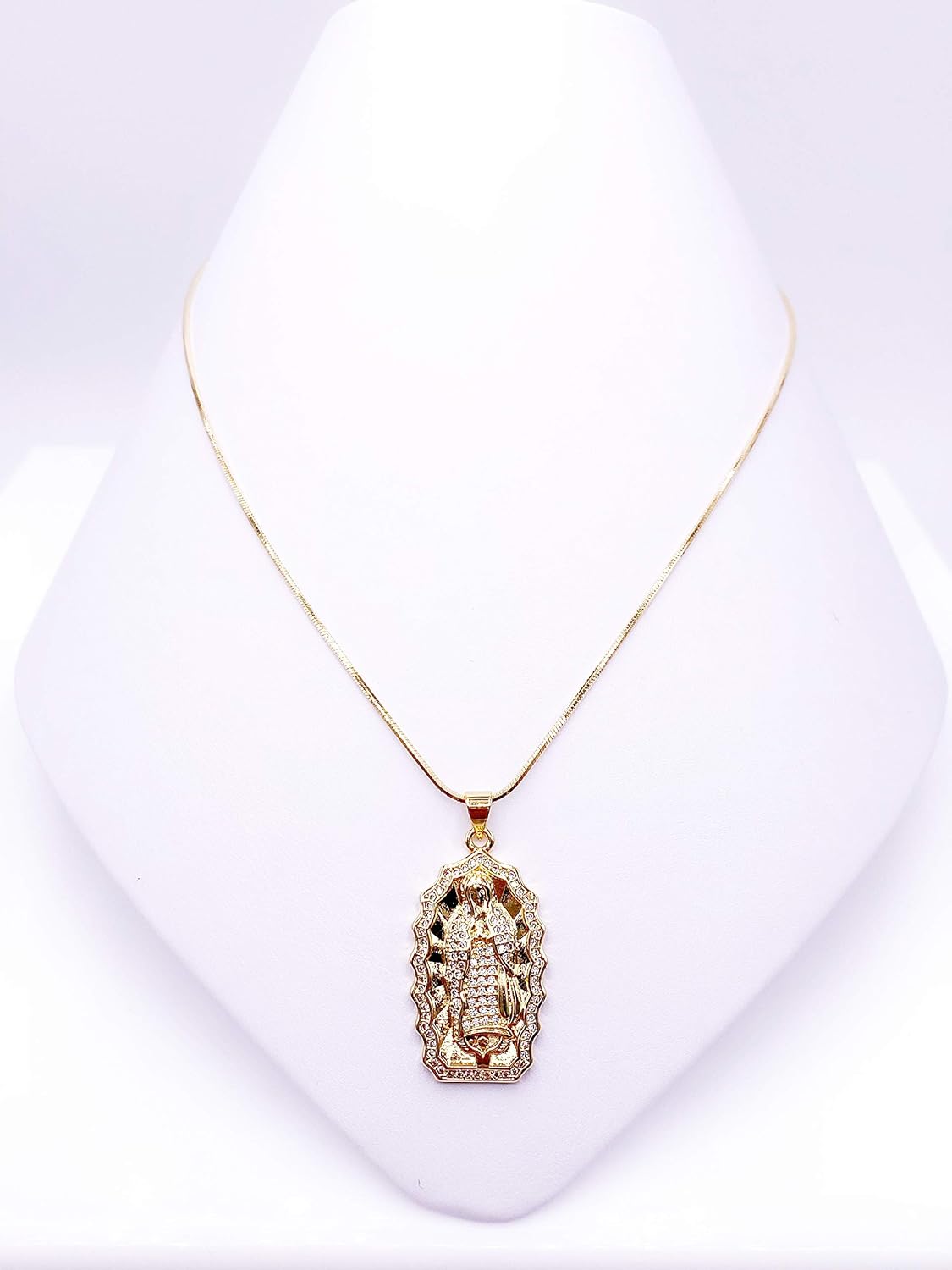 LESLIE BOULES Guadalupe 18K Gold Plated Pendant Necklace for Women Snake Chain Religious Jewelry