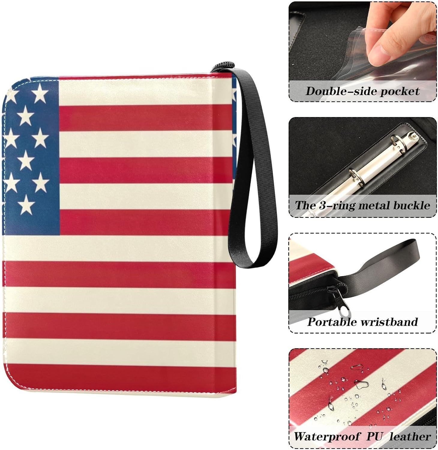 United States Flag Card Binder 4-Pockets, 400 Pockets Card Holder with 50 Removable Sleeves, Trading Card Collector Zipper Album Holder, Collector Album