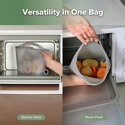 Miniatura 2 de Bolsas de esterilización de vapor de microondas de silicona Haakaa para llevar, 50oz/1500ml Bolsas reutilizables de silicona para vaporizar Gris