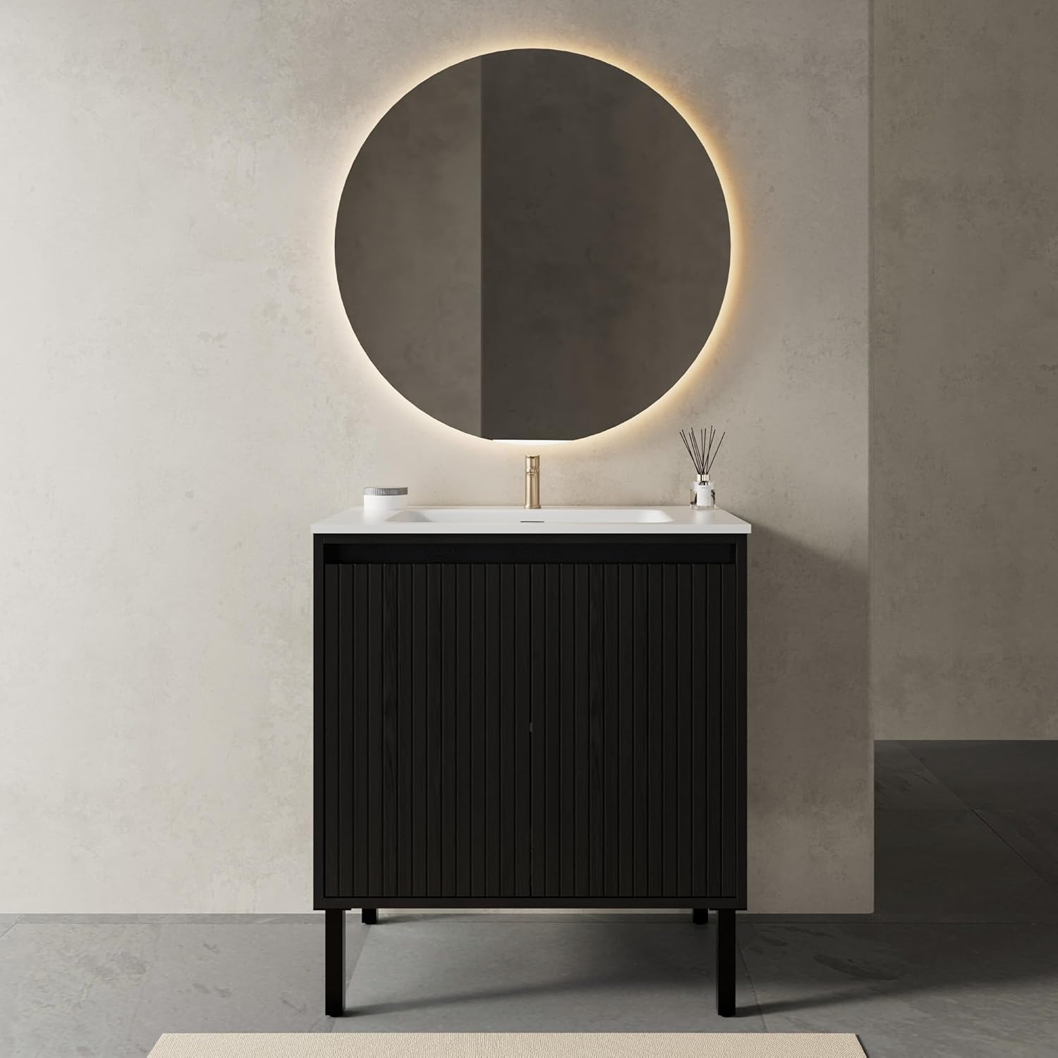 30 Inch Bathroom Vanity with Sink, Modern Design for Small Spaces, Space-Saving Wall-Mounted Feature, Soft-Closing Doors for Quiet Use, Elegant Black Finish for Contemporary Style（White Sink）