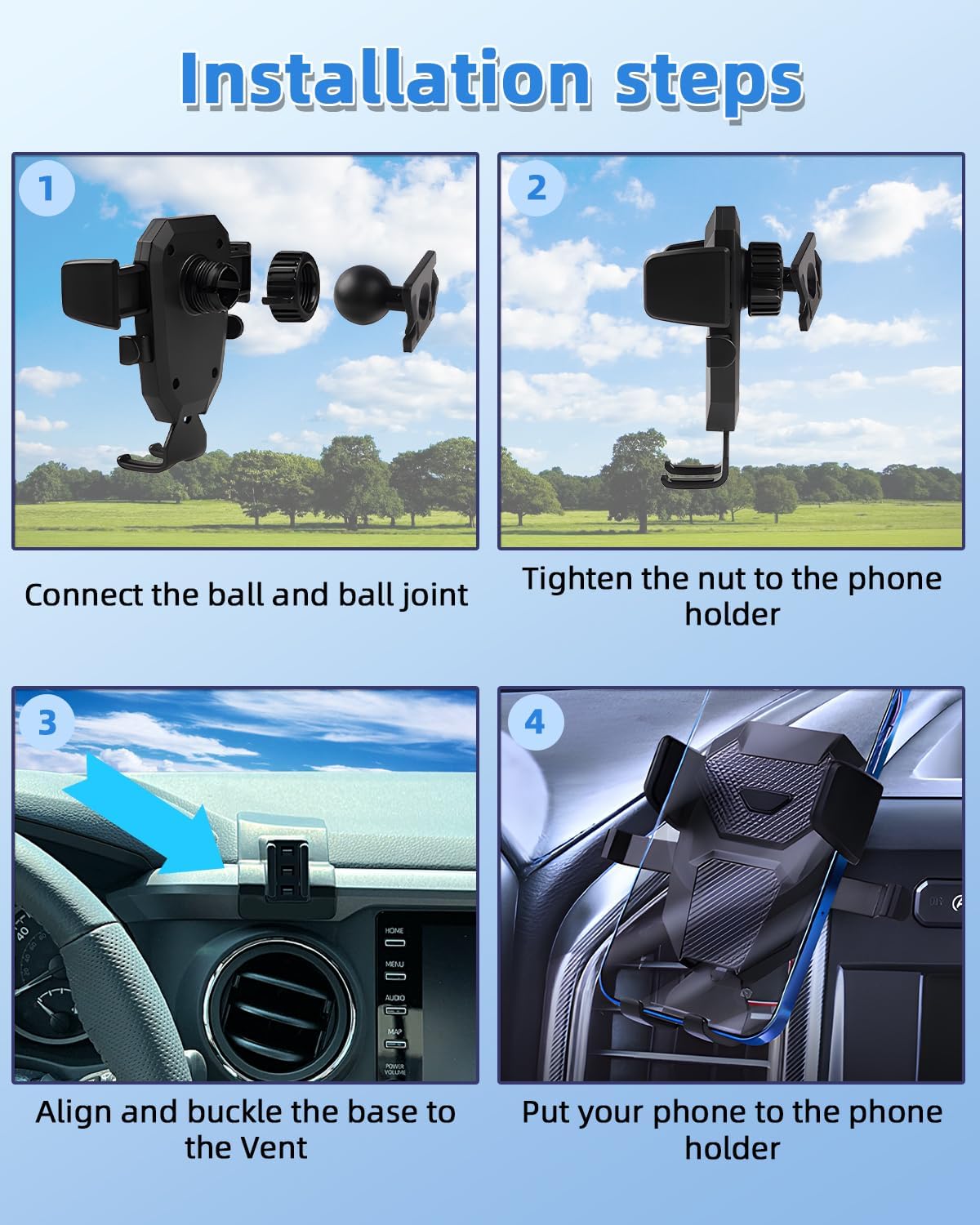 PZK Car Phone Mount for Toyota Tacoma 2016 2017 2018-2022 2023 Accessories Custom Air Vent Car Phone Holder Auto Lock Hands Free 360° Rotation Cell Phone Automobile Cradles