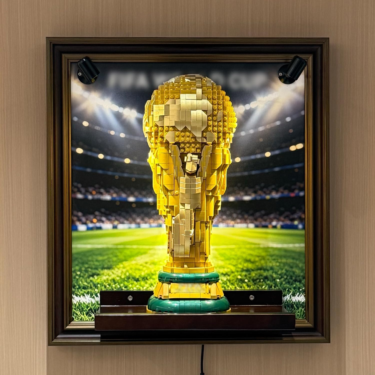 iLuane Display Wallboard for LEGO World Cup 2026 Trophy Building Set 43020, Wall Mount for Display in Bedroom, Home Office, Book Shelf, Soccer Fans Collectible, with LED Light (No Trophy Included)
