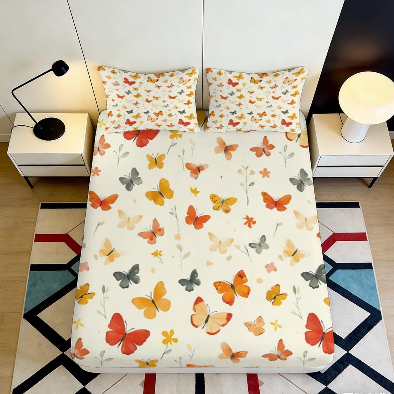 3D Printed Orange Butterfly Fitted Sheet Microfiber Soft Breathable Multicolor Butterfly Mattress Cover for Bedroom Guest Room 90x200x25cm