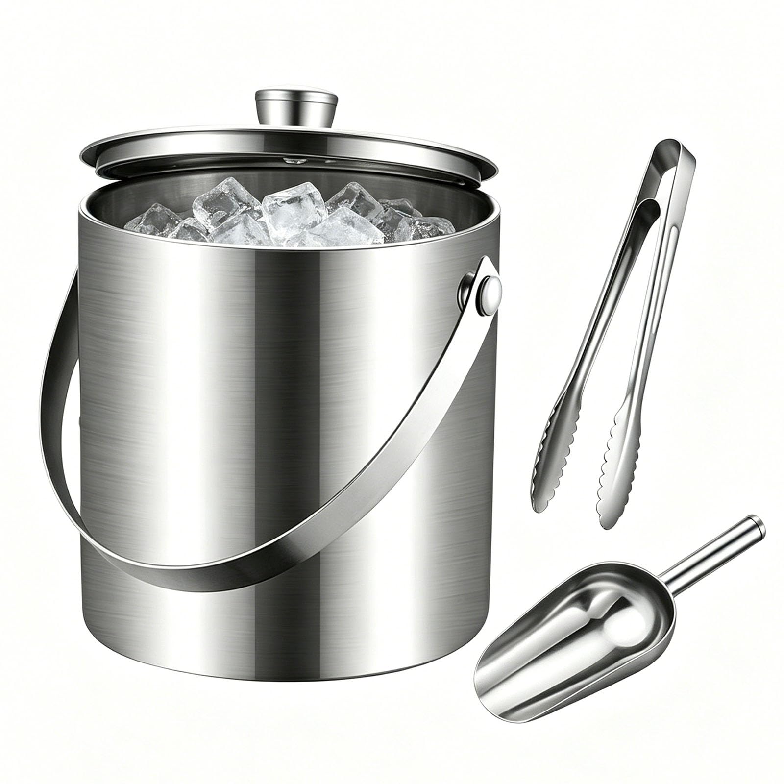 Cubo de hielo de acero inoxidable aislado al vacío con tapa y cuchara, portátil de 3 litros para cócteles, fiestas, bares