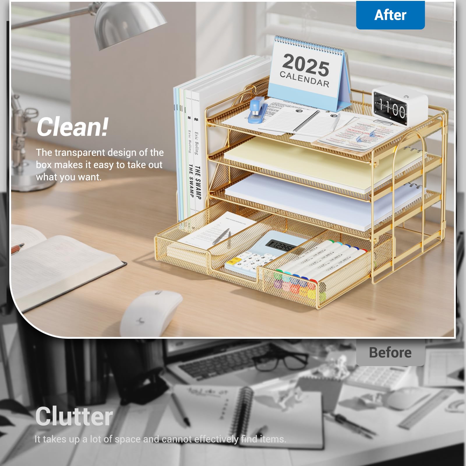 Desk Organizers, 6 Tier Paper Letter Tray Office Desk Accessories With File Organizer Holder And Pen Holder, For Office Organization And Storage (Black