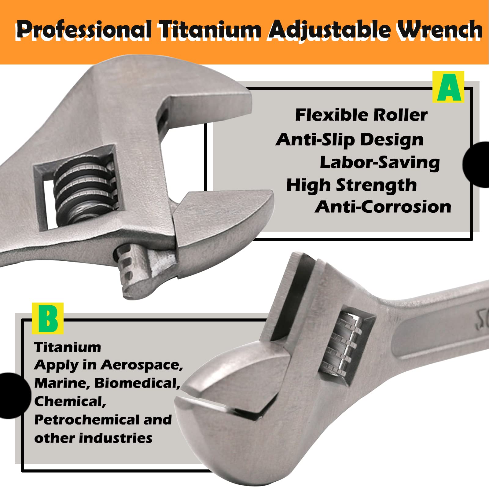 WEDO Llave inglesa ajustable - 300mm,titanio,Llave inglesa Profesional con Gran Apertura,Apertura Extra Ancha de 36mm,antimagnético,se aplica en aeroespacial, marino, biomédico, químico, petroquímico