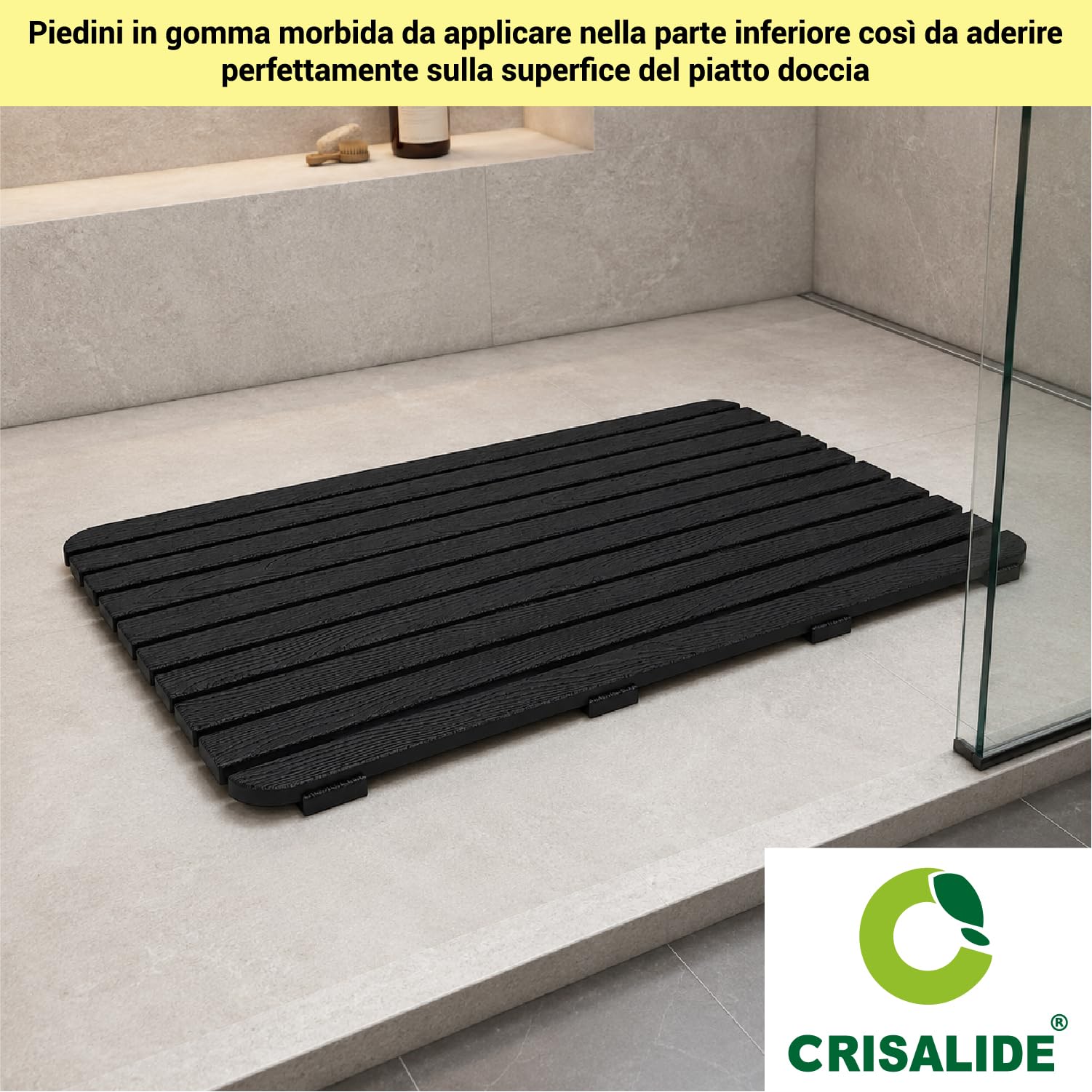 Nome dell’articolo: Crisalide® Pedana Doccia Woody in PP Effetto Legno 80x50x2,5 cm, Pedana Rettangolare Antiscivolo Drenante Waterproof, con Piedini in Gomma, Nera