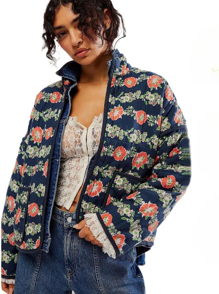 Vintage Floral Puffer Quilted Jacket Women's Coquette Cropped Padded Coat Boho Lightweight Cardigan Y2K Winter Outwear