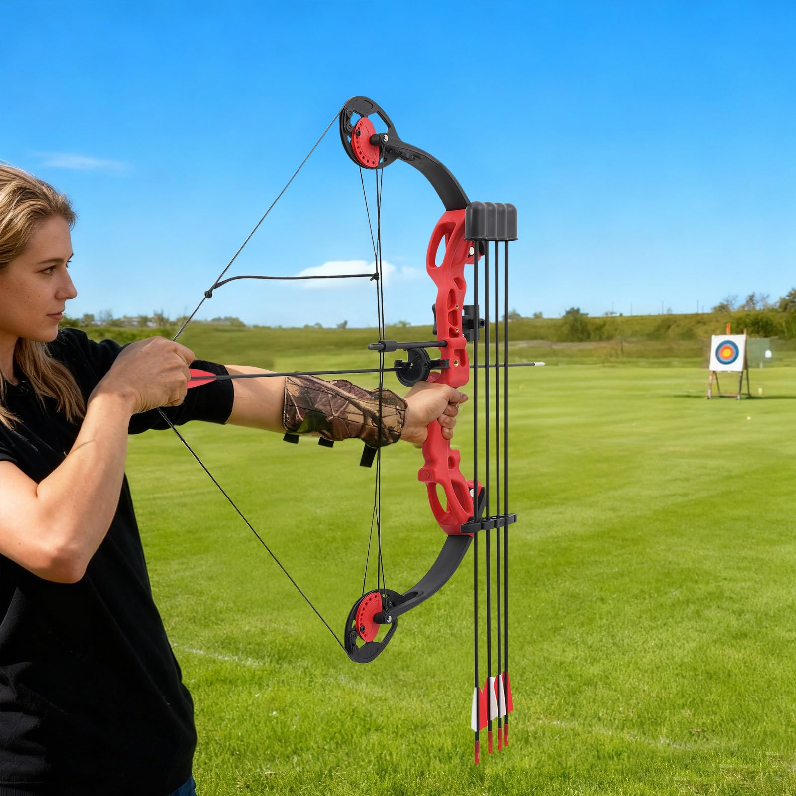 Juego de arco compuesto y flecha, 16-29 libras, peso ajustable para juventud, arco, con una visera de un pin con libélula y una almohadilla de flecha, para adolescentes y niños