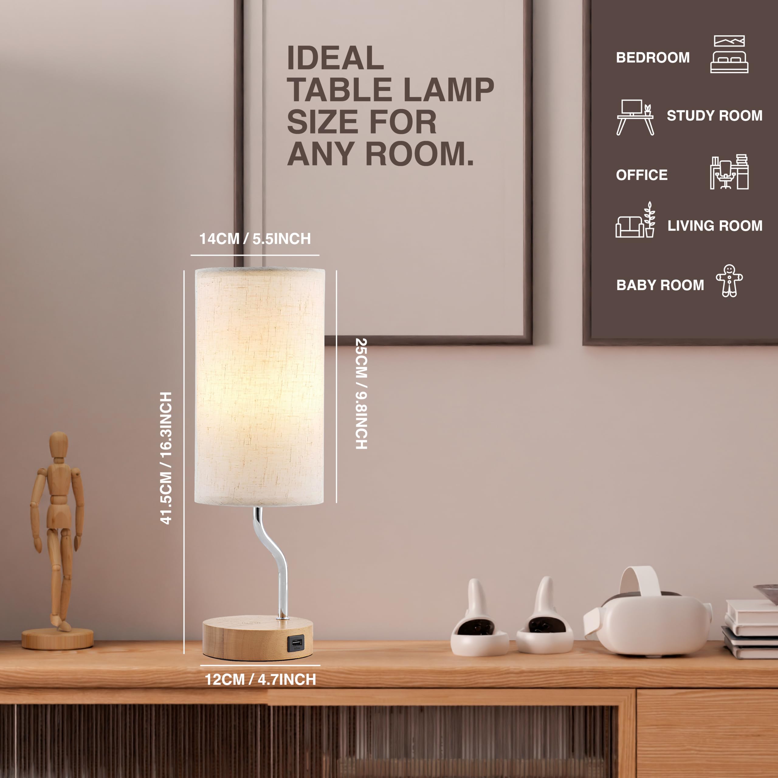 Onara Bedside Lamps with Wireless Charger and USB Port, Touch Control Table Lamp for Living Room, Bedroom, and Office E27 Base, LED Bulb Included - Image 3