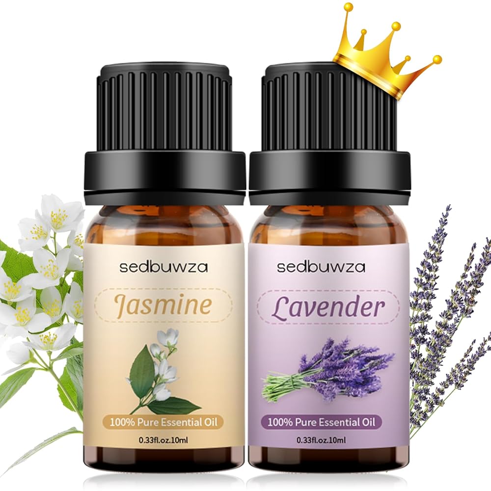 Sedbuwza Lavender Jasmine Essential Oil Set, Lavender Fragrance Oil Jasmine Scent Oil Set for Diffuser, Aromatherapy, Massage, Soap, Candle Making 2 x 10 ml
