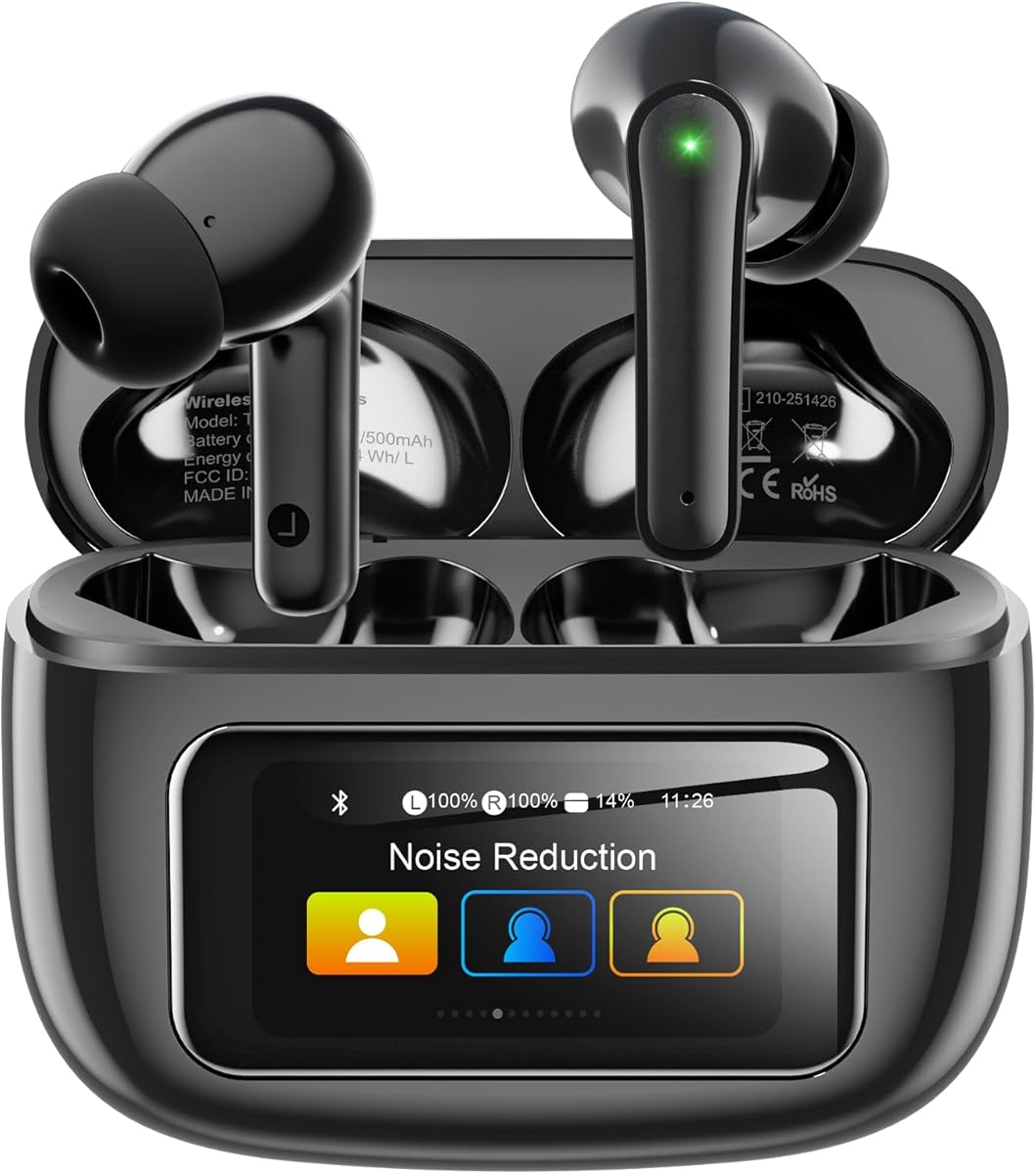 Kopfhörer Kabellos Bluetooth 5.4, In Ear Kopfhörer Bluetooth mit Touchscreen & 5 EQ Modi, Bluetooth Kopfhörer ANC/ENC Noise Cancelling, 8H Spielzeit, IPX7 Wasserdicht Sport & Gaming Kopfhörer-Schwarz