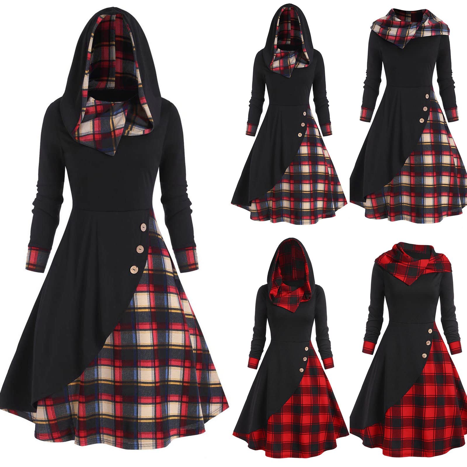 Robe Gothique Femme à Capuche - Style Médiéval Patchwork Carreaux, Manches Longues, Renaissance - 6