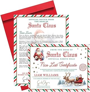 Andaz Press Personalized Santa Letters for Kids, Custom Letter From Santa Stationery, Christmas List Letter From Elf, Classic Christmas Letter, Includes Santa Nice List Certificate and Red Envelope