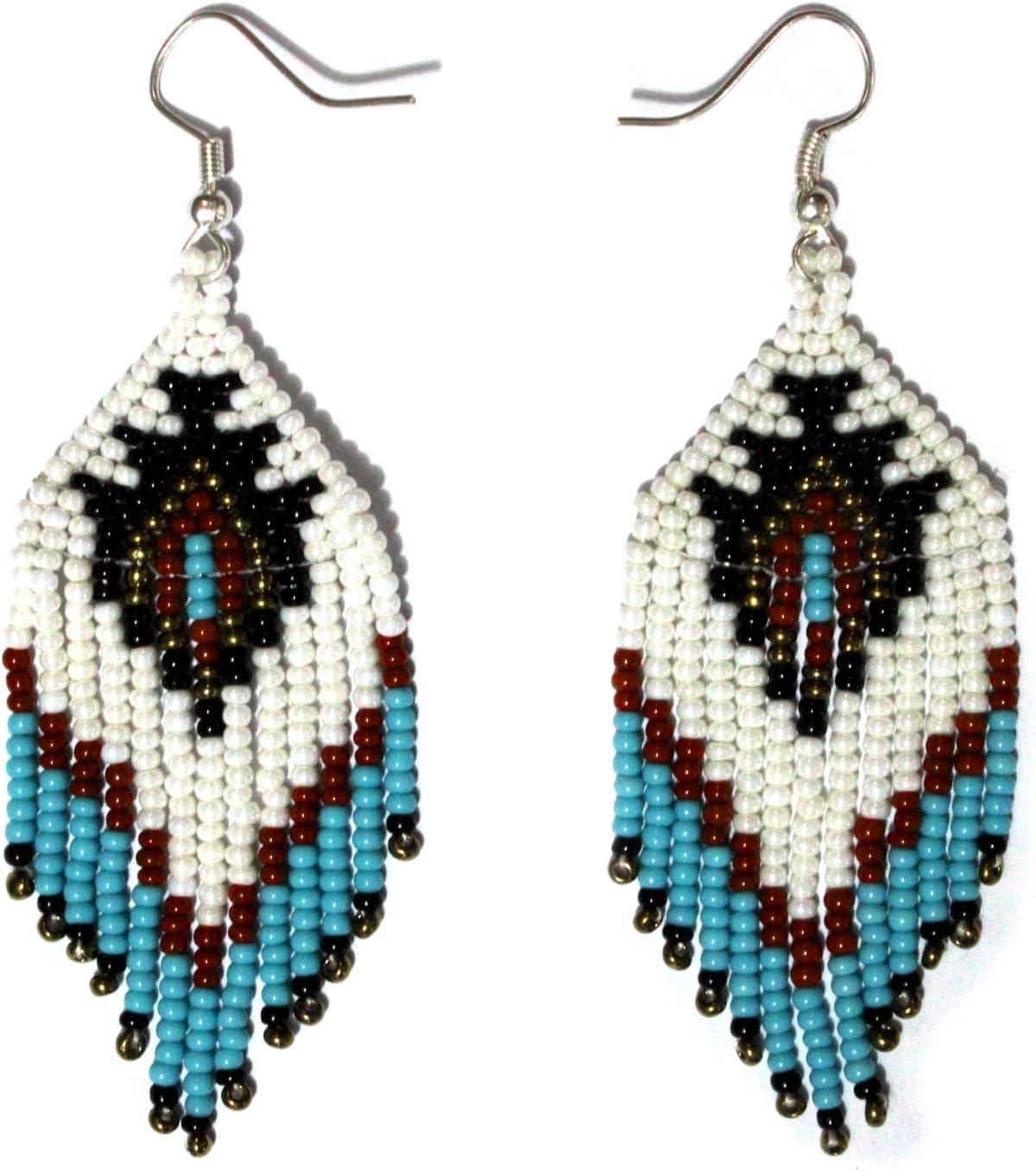 Tribal Beaded Dangle Earrings – Boho Native Handmade Seed Bead Tassel Bohemian Large Statement Drop Fringes for Women