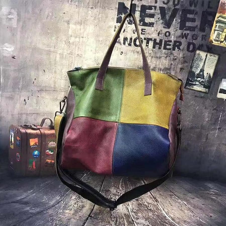 Multi-color Tote Handbag Genuine Leather Colorful Large Tote Bag