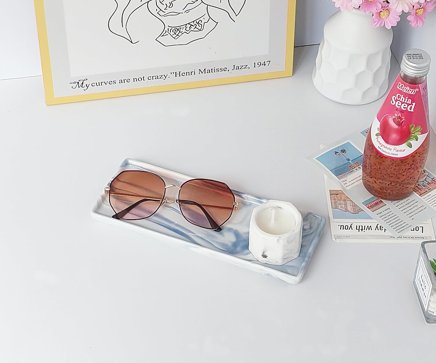 9.2" Porcelain Small Bathroom Tray, Ceramic Countertop and Vanity Tray for Cosmetics, Perfume, Jewelry, Candle - Soap Tray for Kitchen Counter (Blue)