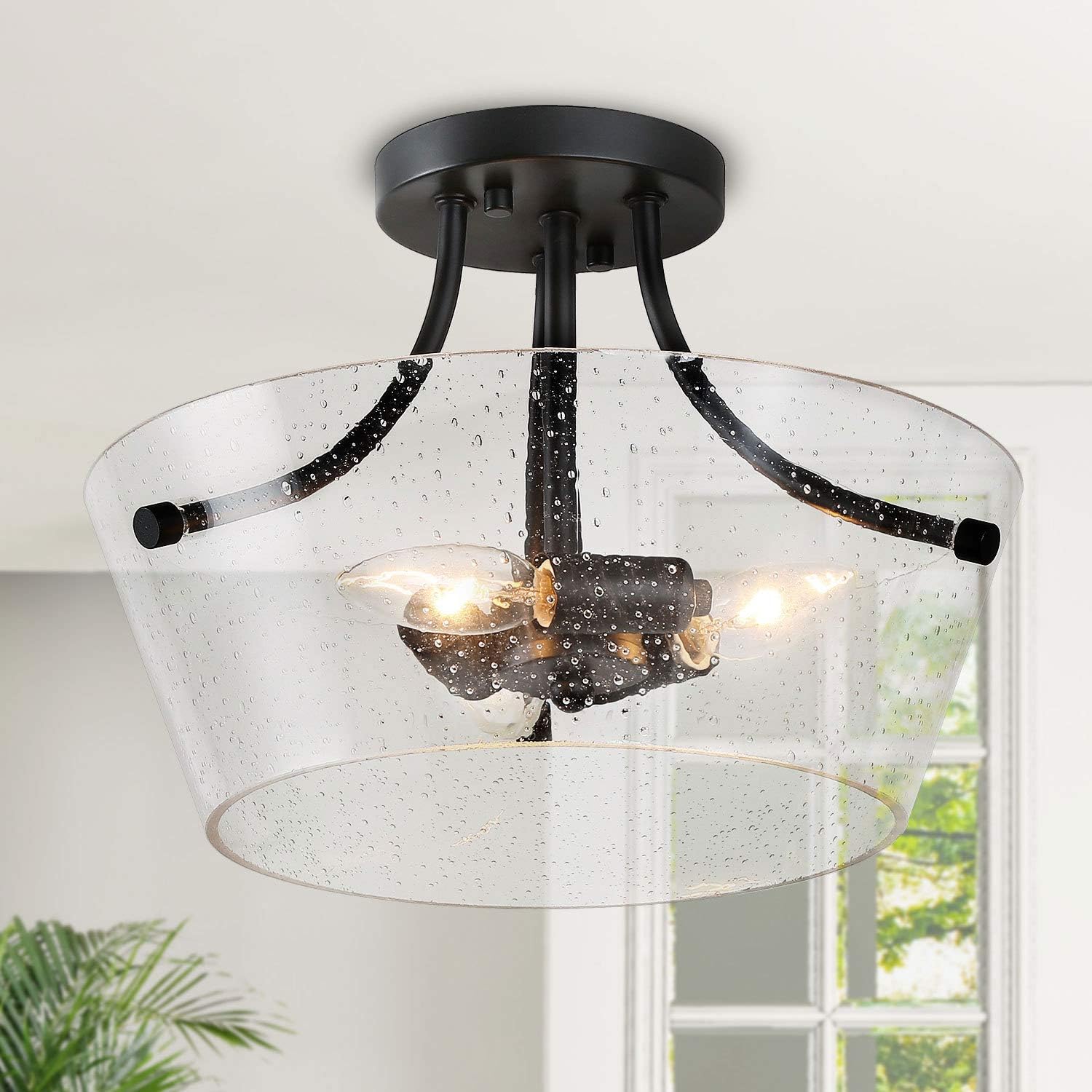 KSANA Modern Semi Flush Mount Ceiling Light Fixture with Seeded Glass for Bedroom, Kitchen, Hallway, Entryway, Laundry Room and Bathroom, Black