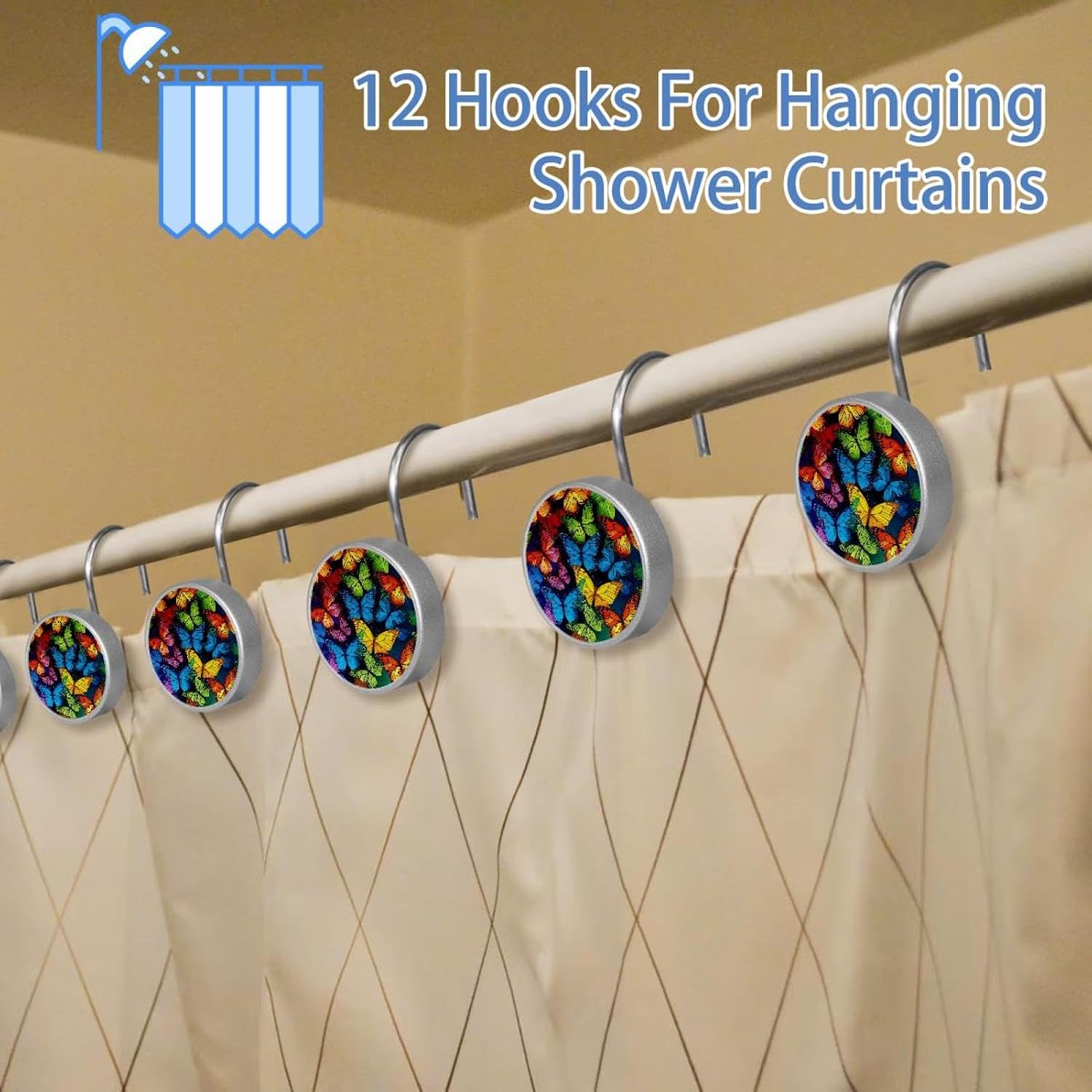 12PCS Butterfly Shower Curtain Hooks Rings for Bathroom, Decorative Shower Curtain Hooks Rods Curtains and Liner