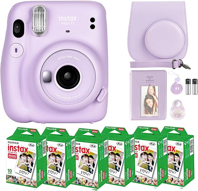 Fujifilm Instax Mini 11 Camera with Fujifilm Instant Mini Film (60 Sheets) Bundle with Deals Number One Accessories Including Carrying Case, Selfie Lens, Photo Album, Stickers (Lilac Purple)