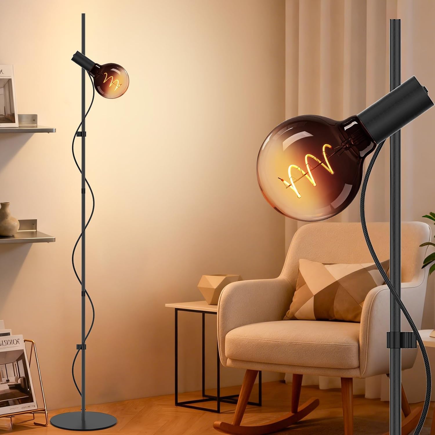 Floor Lamp for Living Room,Adjustable Height&Dimmable&Rotatable lamp Head Standing Floor Lamp,2200K Warm Ambiant Lighting with Gradient Brown Bulb for Living Room,Bedroom (Bulb Included)