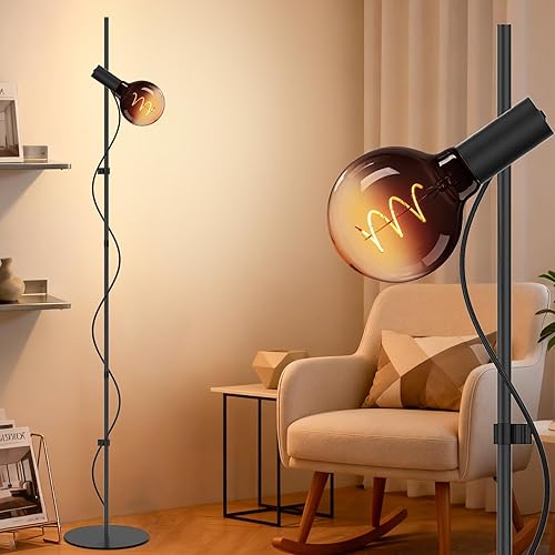 Floor Lamp for Living Room,Adjustable Height&Dimmable&Rotatable lamp Head Standing Floor Lamp,2200K Warm Ambiant Lighting with Gradient Brown Bulb for Living Room,Bedroom (Bulb Included)