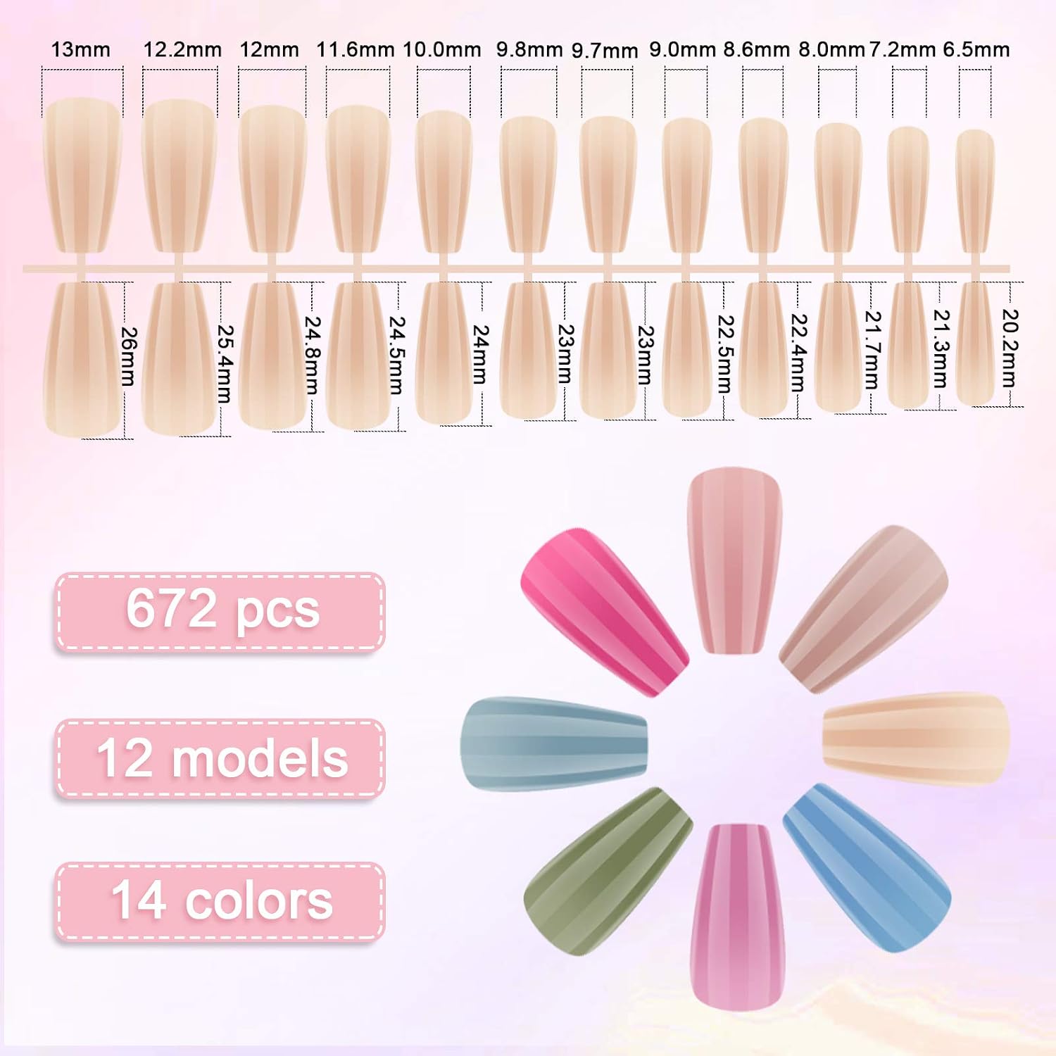 672 Pieces Long Press on Nails Ballerina Coffin Glossy False Nails Solid Color Full Cover Fake Nails False Gel Nails Art Sets for Women Girls Nail Decorations, 28 Sets (Fresh Pattern)