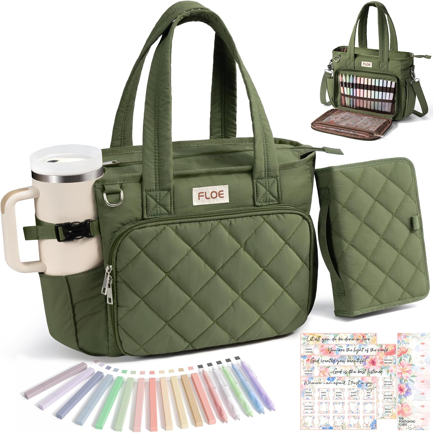 Large Bible Bag w/Bible Cover Case for Women, Puffer Bible Tote Bag Quilted Church Bag Book Carrying Case w/Shoulder Strap, Bible Study Supplies Journaling Kit Accessories Women Christian Easter Gift