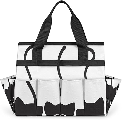 Black Cartoon Cats Garden Tool Tote Bag for Women Men Gardening Tool Storage Bags with 10 Pockets Standable Garden Home Tool Kits Organizer for