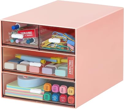 LETURE Desk Organizer with 4 Drawers, Clear Plastic Desk Storage Box, Desktop Organization for Office Supplies, Gel Pens, Pencils, Markers, Tape, Erasers, Paperclips, Chargers Pink w 4Draws