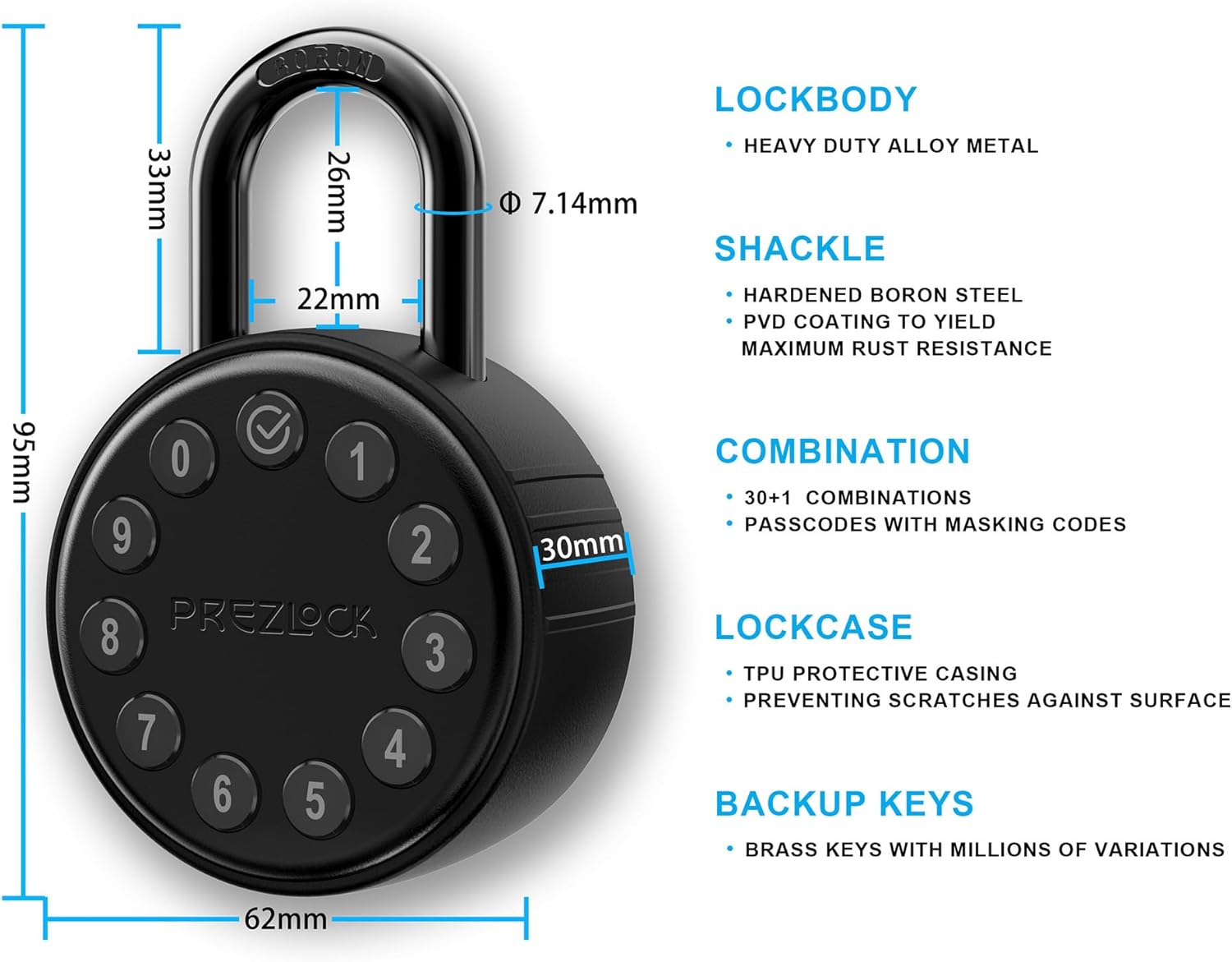 Electronic Combination Padlock with Key Backup, Suitable for Outdoor and Heavy Duty uses, Water Resistant, IP65 Weatherproof.