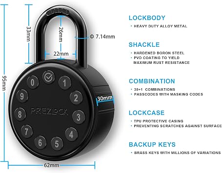 Electronic Combination Padlock with Key Backup, Suitable for Outdoor and Heavy Duty uses, Water Resistant, IP65 Weatherproof.