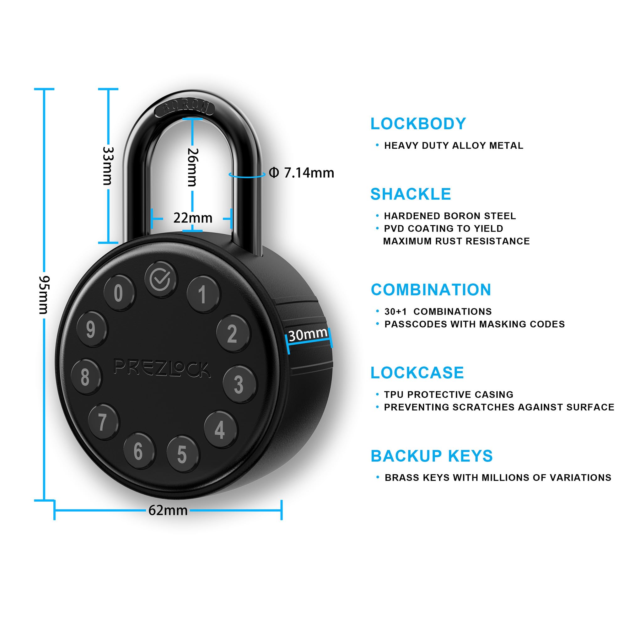 Prezlock, Electronic Combination Padlock with Key Backup, Suitable for Outdoor and Heavy Duty uses Water Resistant, IP65 Weatherproof - Image 3