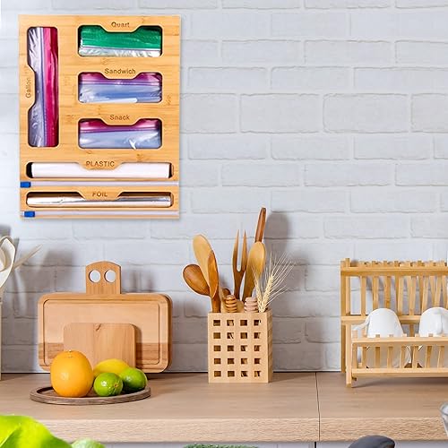 Miniatura 10 de Organizador de bolsas Ziplock – Bambú, dispensador de envoltura 6 en 1 con cortador, perfecto para galones, cuarto de galón, bolsa de sándwich y