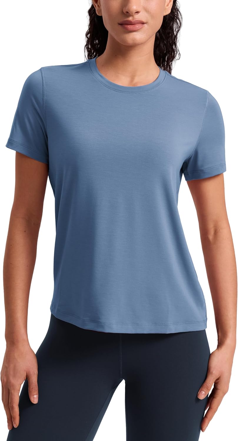 CRZ YOGA Quick Dry Workout Tops for Women Hip Length - Athletic Running Gym Yoga Short Sleeve Shirts Crewneck Basic Tees